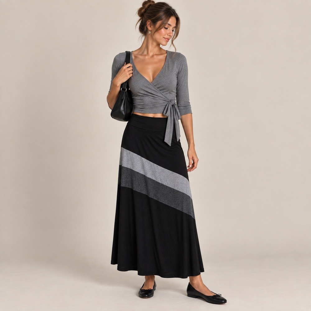 Y2K Black Grey Colorblock Fold Over Jersey Maxi Skirt Vintage Comfy Medium